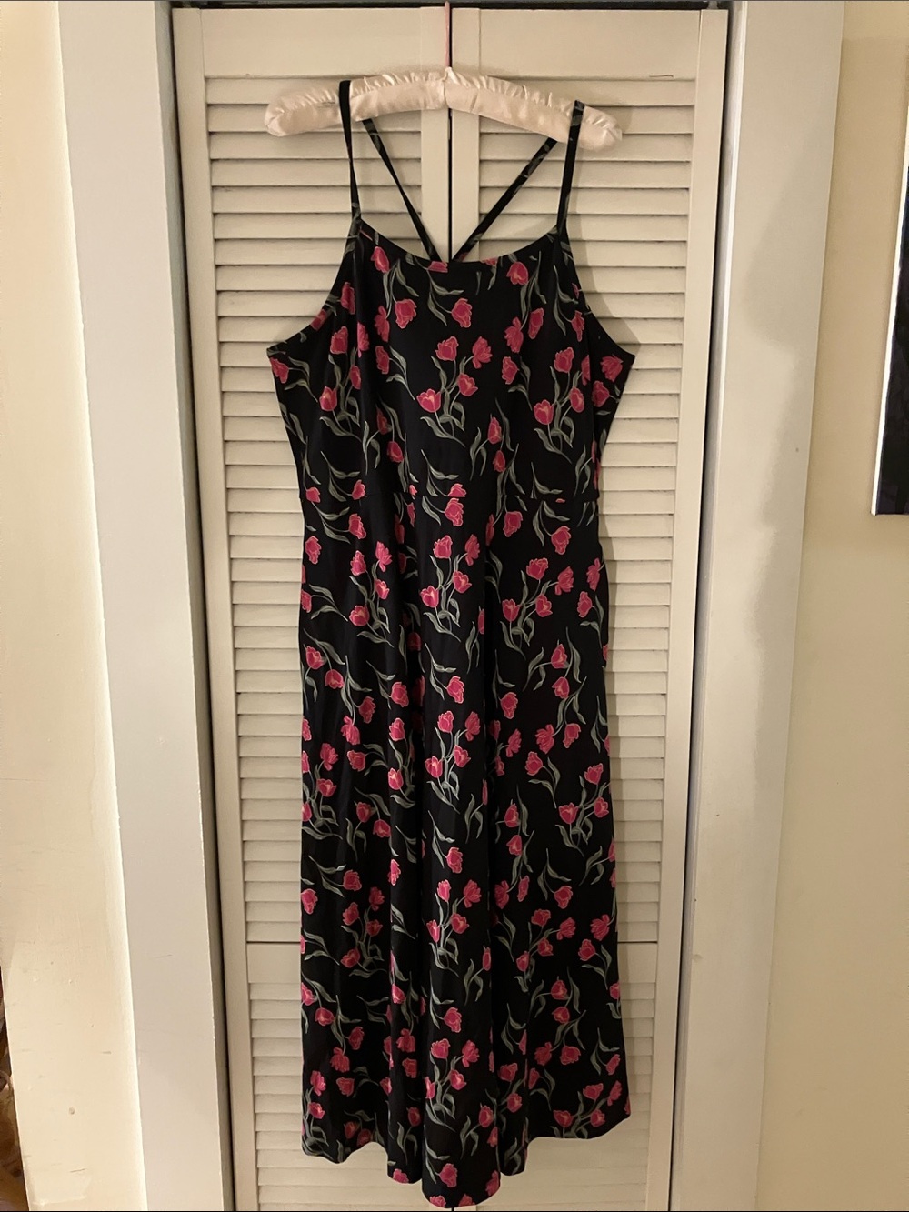 Pact Fit Flare Black and Pink Tulip Floral Midi Dress Size XXL